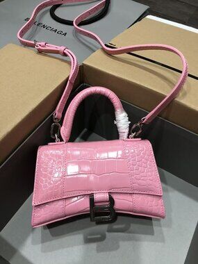 Balenciaga Hourglass XS Pink Leather Top Handle Crossbody Bag B Logo